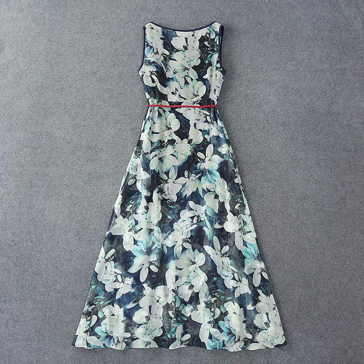 Evening print dress 2016 summer American and European runway high quality sleeveless long ball gown full female | Женская одежда