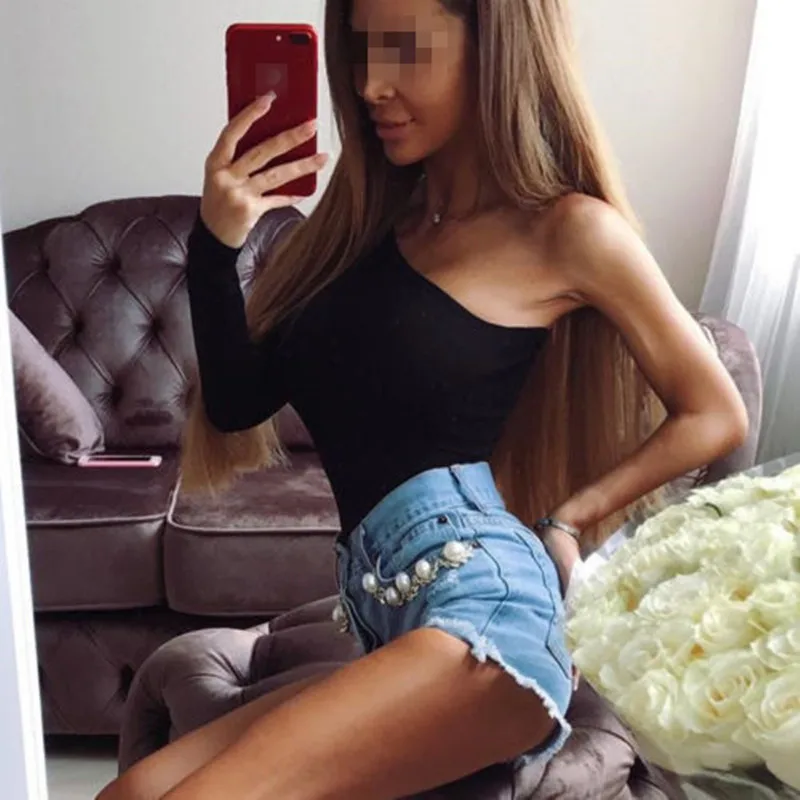 2018 Цельный боди Женский черный без рукавов на одно плечо Летний Пляжный хит с