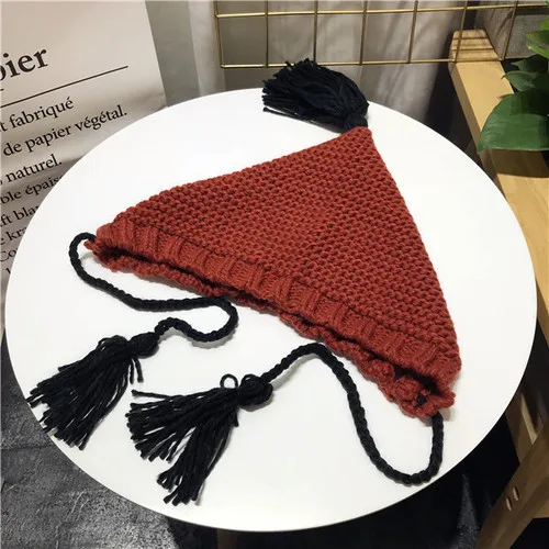 brick red Зимние шапки Skullies Beanies для женщин Harajuku милые девушки кисточкой оплетка теплые черепа сплошной цвет шнуровка вязанные шапки-бобы - Цвет: brick red