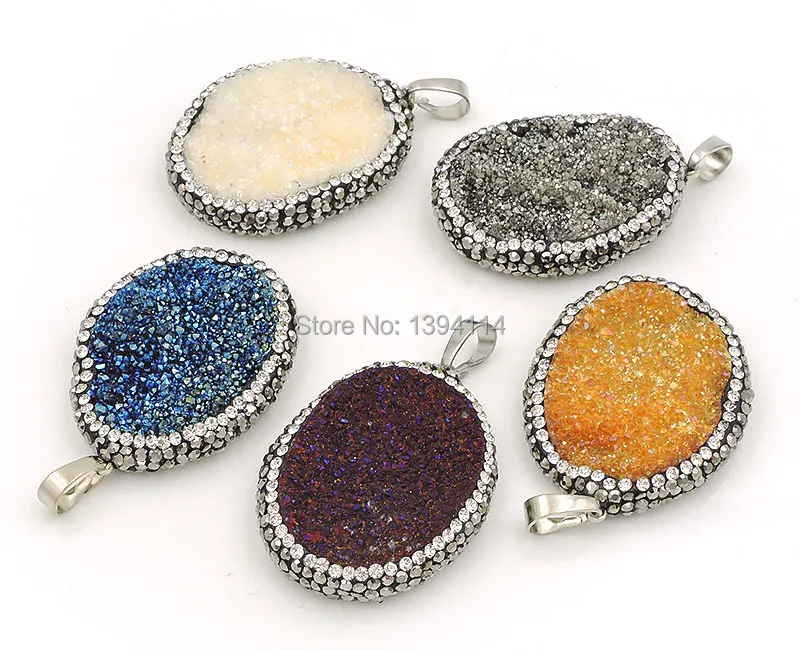 Овальный Кулон-Друза из хрусталя с титановым покрытием и фианита посеребренный