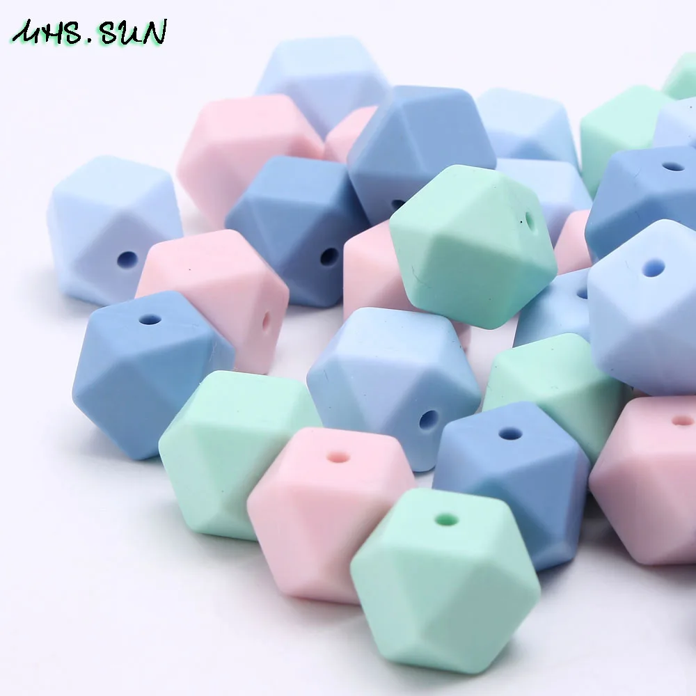 MHS. SUN силиконовые бусины 17 мм Детские Прорезыватели для зубов DIY игрушка Синий/Зеленый шестиугольник свободные бусины сделать Жевательная для прорезывания зубов ожерелье ювелирные изделия