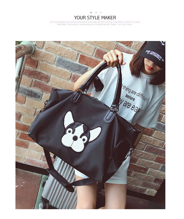 Fashion Casual PU Leather Travel Bags Black Couple Cartoon Dog Embroidery Overnight Weekend Bag Short Trip GYM Big Hand Luggage