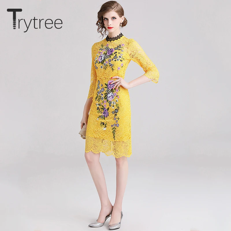 Trytree летнее элегантное платье-футляр с цветочной вышивкой, женские кружевные платья длиной до колена, повседневные желтые платья-Русалка