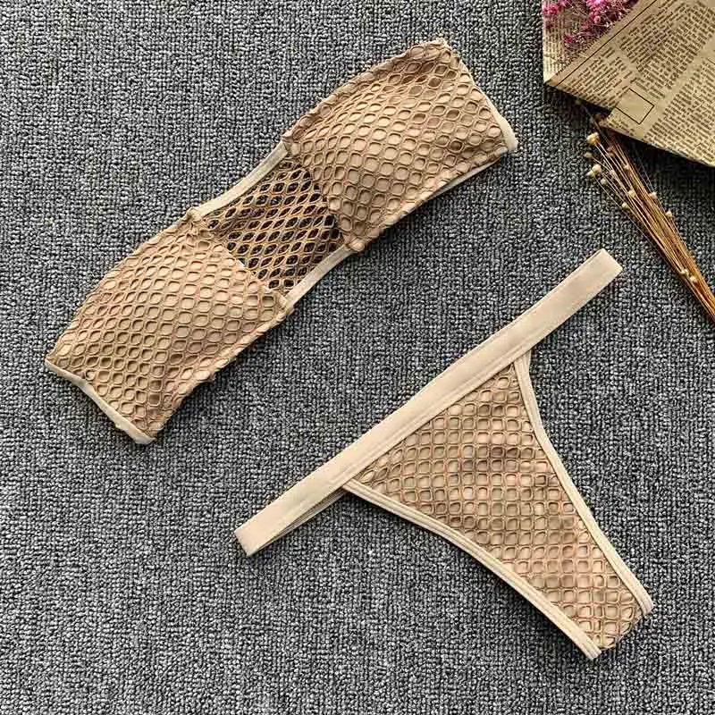 Женский купальник-бандо красный желтый сетчатый с открытыми плечами летний 5170 2019