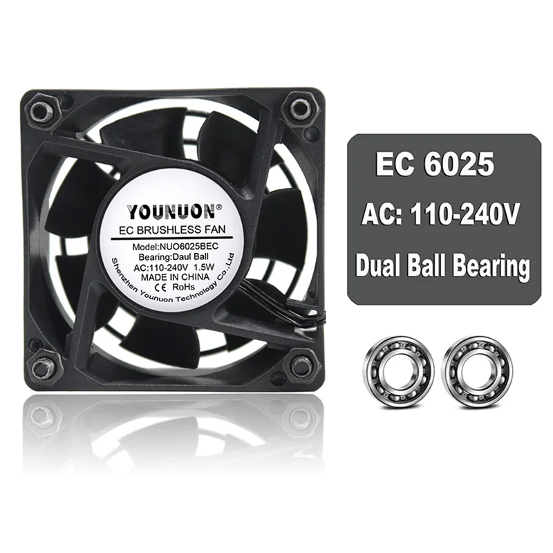 YOUNUON Dual Ball 60mm 6CM 60x60x25mm EC Brushless Fan AC 110V 115V 120V 220V 240V Axial Fan With Srwes& Fan Grills 6025