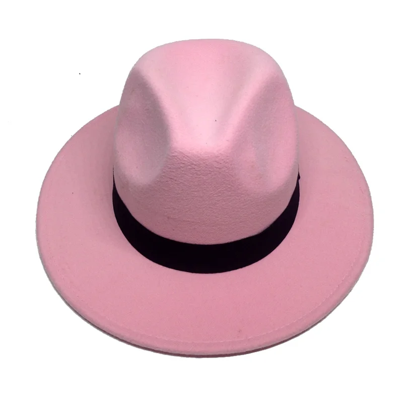 Pink wool jazz hat 14 цветов шерстяные шляпы Трилби для мужчин и женщин Винтажная фетровая шляпа Панама Шляпы с черной лентой los sombreros de ala de lana YY0399 - Цвет: Pink wool jazz hat