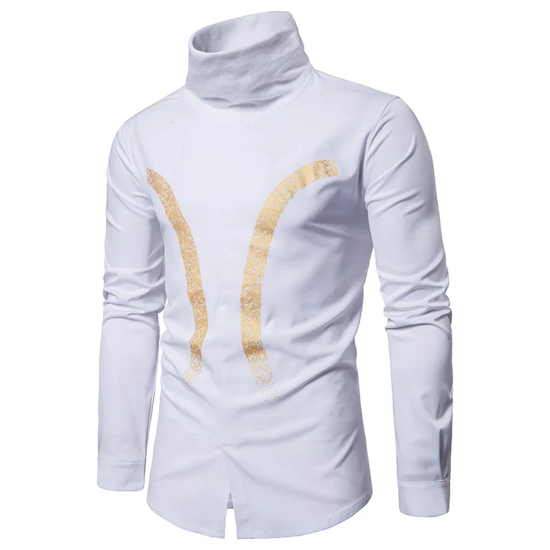Mens Bronzing Printing Turtleneck Long Sleeve Shirt | 2018 Brand New Fashion Concise Long-Sleeve Male Cotton Camisa Black/White Мужская
