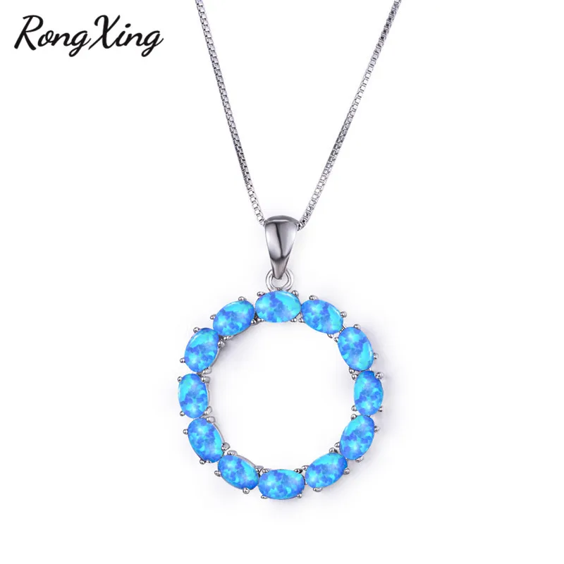 Blue Opal RongXing белый/синий/фиолетовый Огненный Опал Круглый кулон ожерелье s для женщин 925 серебро колье с камнем рождения обручение ювелирные изделия - Окраска металла: Blue Opal