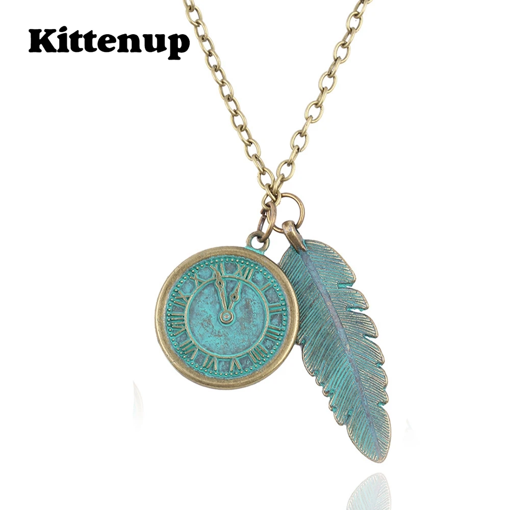 Kittenup Новая мода Винтаж круглый и листьев двойной подвески Цепочки ожерелья для