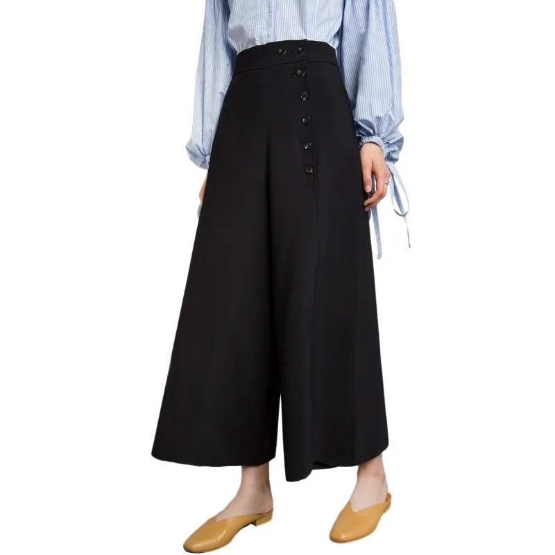 

Women OL Style Wide Leg Pants Big Sizes 5XL 6XL 7XL 2018 Summer Ankle-Length High Waist Office Lady Button Solid Oversized Pant