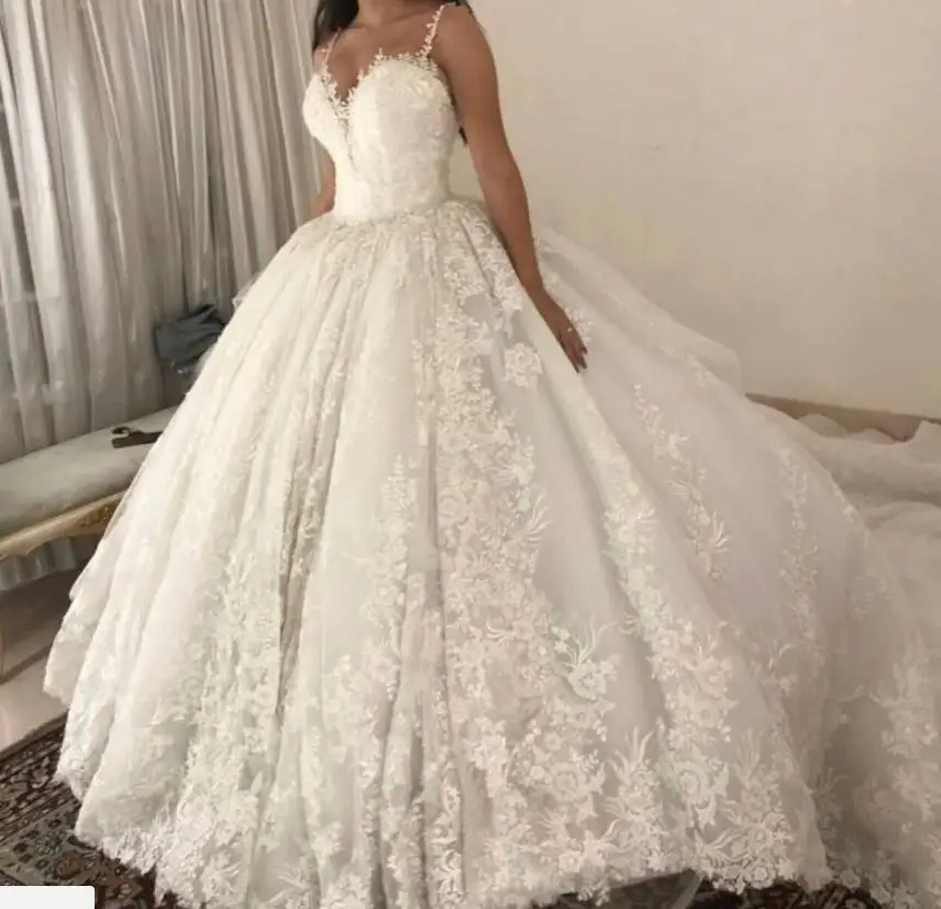 

2019 New Sexy Ball Gown Wedding Dresses Spaghetti Deep V-Neck Lace Appliques Open Back Court Train Plus Size Formal Bridal Gowns