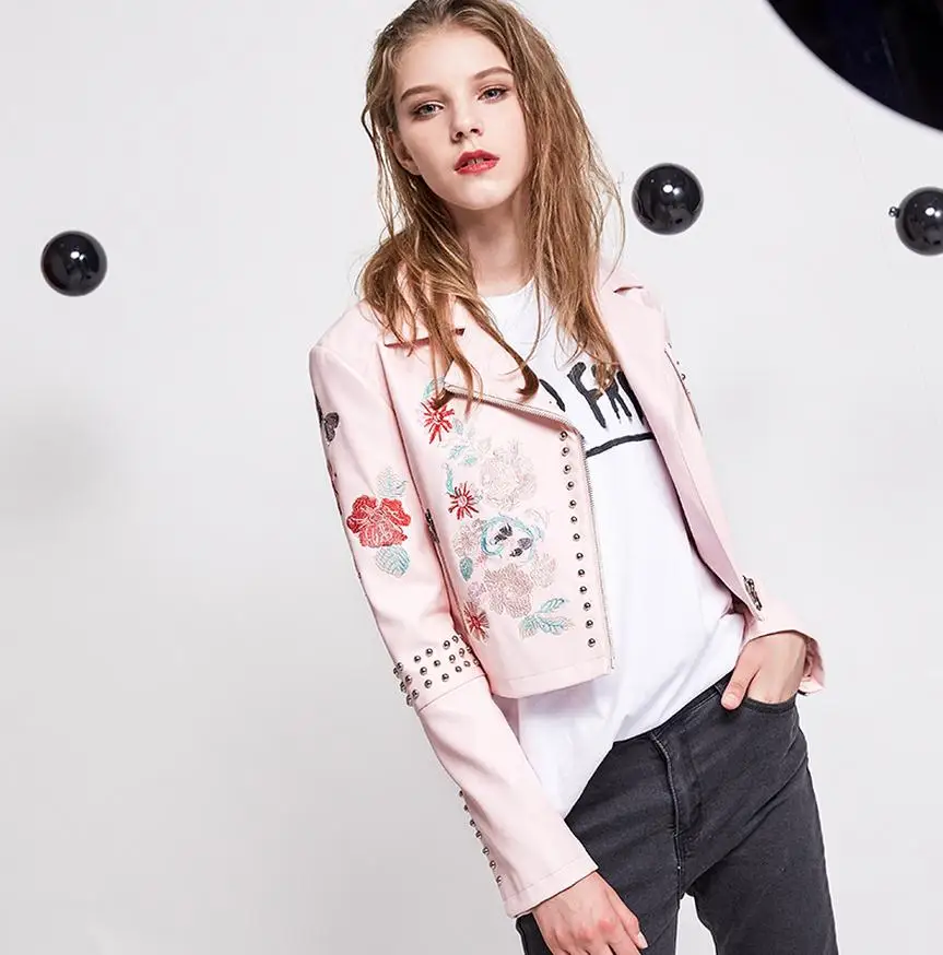Женская кожаная куртка с бисером и вышивкой модель wj1021 на весну осень 2019|jackets