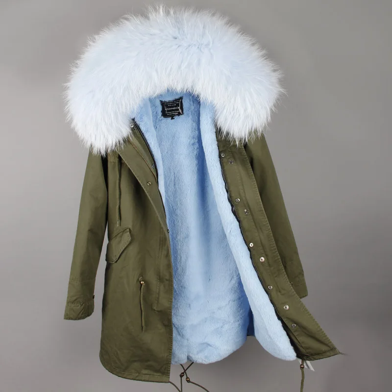 green skyblue fur Бренд, женская зимняя куртка, длинная, съемная подкладка, армейский зеленый цвет, парка, большая, натуральный мех енота, пальто с капюшоном, верхняя одежда - Цвет: green skyblue fur