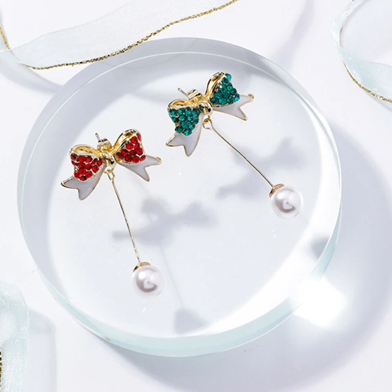 925 Silver Pin Christmas Inlaid Color Full Zircon Bow Pearl Dangle Earrings Long Tassels Back Hanging Drop Earring for Women | Украшения и