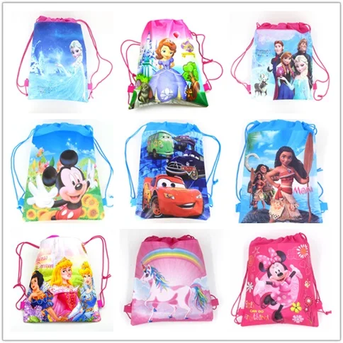 

1Pcs Disney Cars Six Princess Sofia Frozen Moana T Winnie Mickey Mouse Non-woven Fabrics Shopping Bag Drawstring Backpack