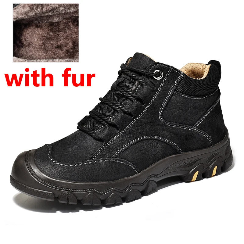 black with fur JINTOHO/высококачественные зимние мужские ботинки; мужские ботинки из натуральной кожи; повседневная мужская зимняя обувь из натуральной кожи; мужские ботильоны - Цвет: black with fur