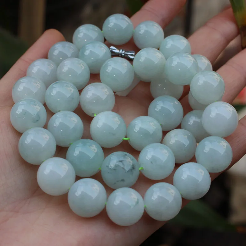 Natural Burma jade old pit ice waxy male big bead jade necklace beads pendant genuine