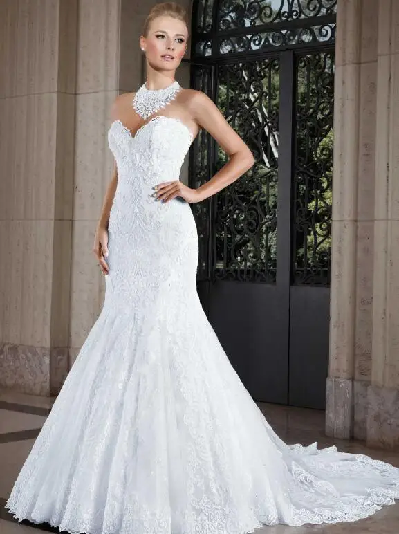 Vestido де noiva лонго Новый 2017 Милая Шеи Без Рукавов Кнопка Back Суд Поезд Русалка