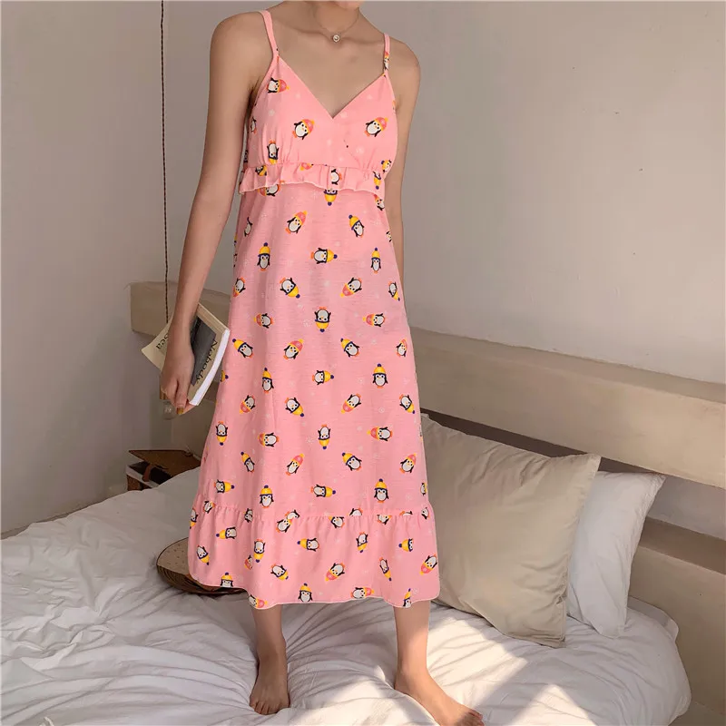 Caiyier Cotton Sleepshirts Sling Sleepwear Sexy Lingerie Korea Cute Print Famale Nightgowns Summer Women Nightdress Breast Pad | Женская