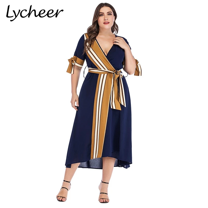 Lycheer плюс размер винтажное элегантное платье в полоску для женщин большие