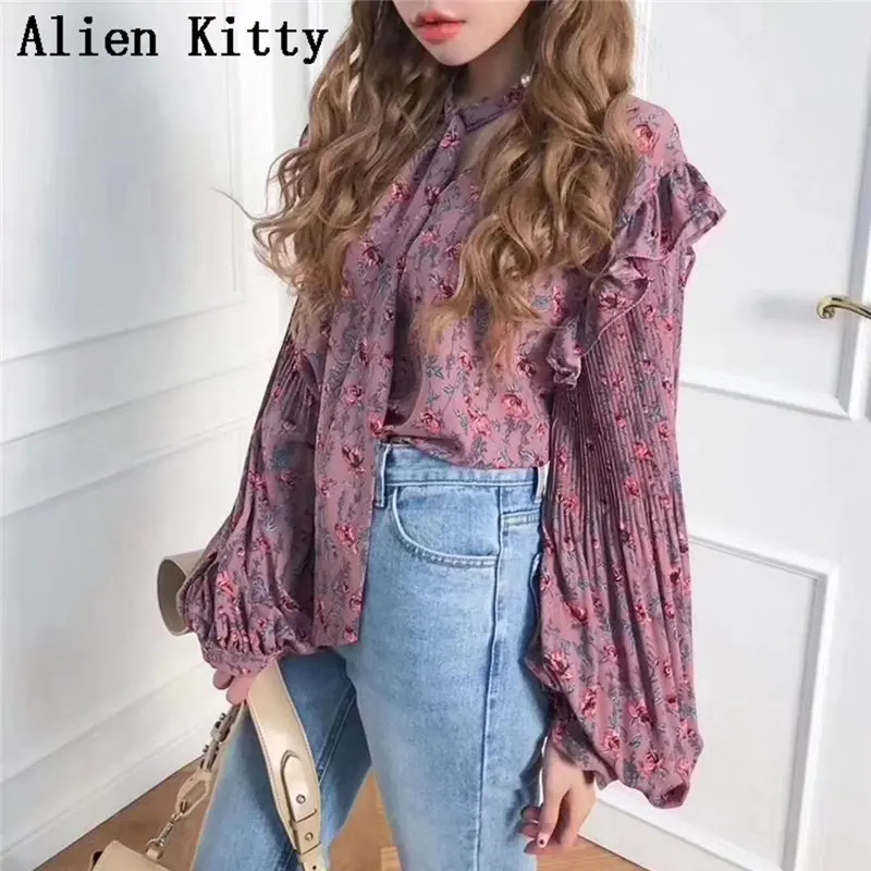 Alien Kitty пышные рукава фиолетовые банты цветы оборки 2020 Повседневная Женская