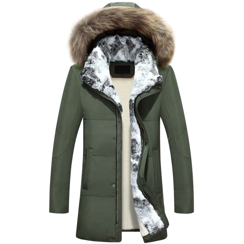Green Artificial fur Зимняя мужская куртка, хлопковое пальто, парка, мужская куртка, утолщенная, теплая, кроличий мех, воротник, мех енота, с капюшоном, Размер 4XL, Рождественские предложения - Цвет: Green Artificial fur