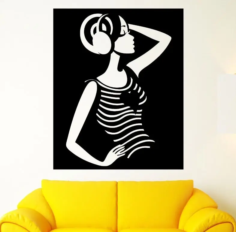 Home Decor Art Beautiful Girl Wall Sticker Removable Vinyl Music Stereo Headphones Decals Design Mural AY507 | Дом и сад