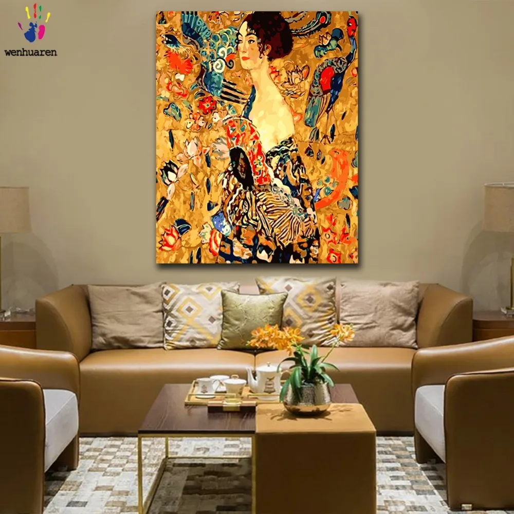 DIY colorings pictures by numbers with colors Lady Fan Gustav Klimt picture drawing painting framed Home | Дом и сад