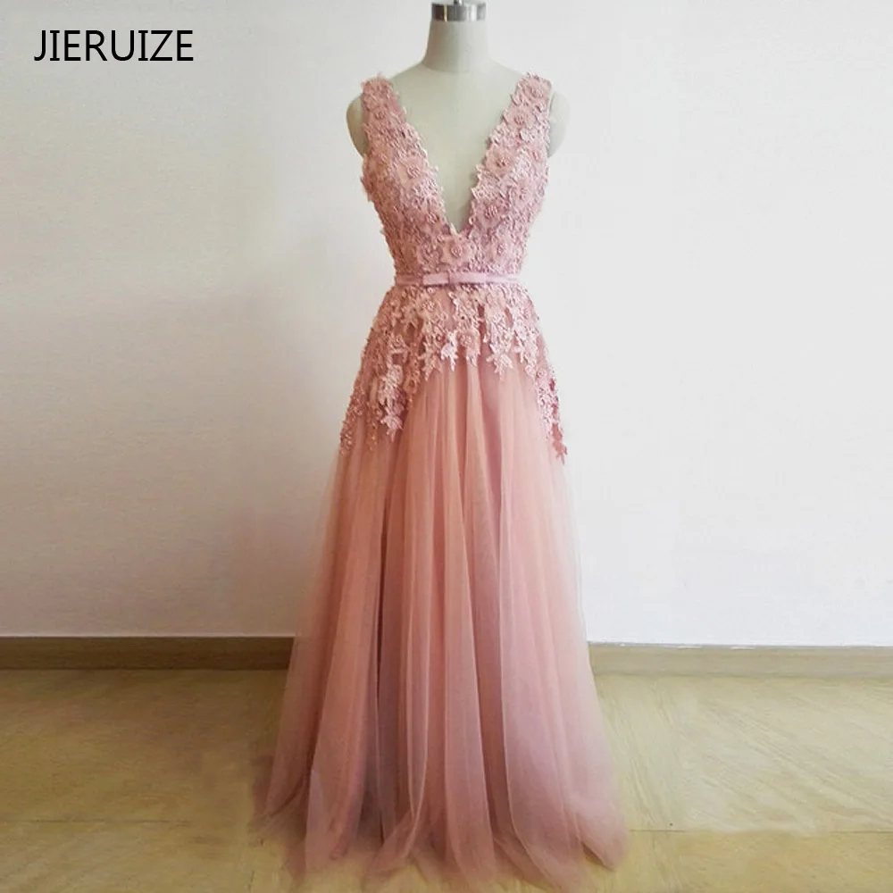 JIERUIZE Dusty Pink винтажные кружевные аппликации Длинные вечерние платья с жемчужным