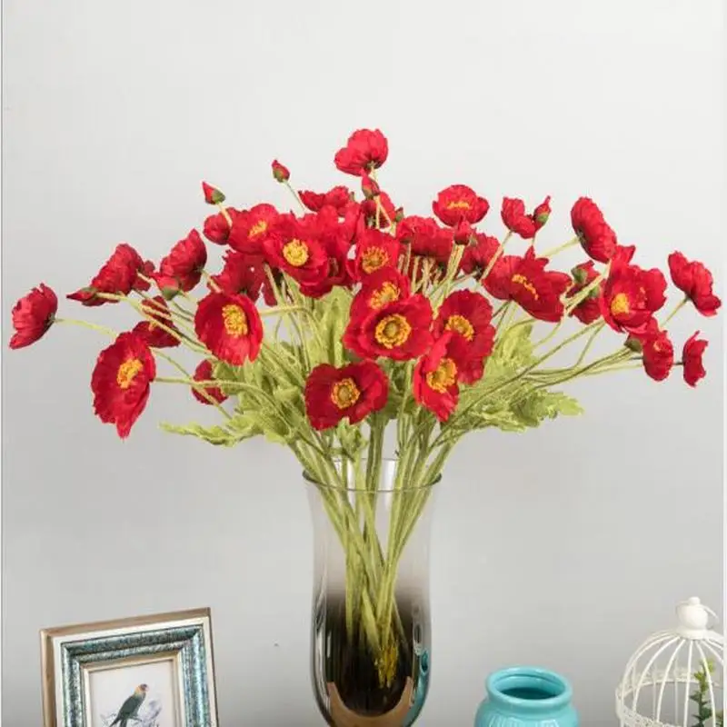 2PCS/lot Party Rustic Home Decor Decoration Accessories Artificial Poppy Plants Fake Plastic Plant Flowers 4 heads a piece | Дом и сад