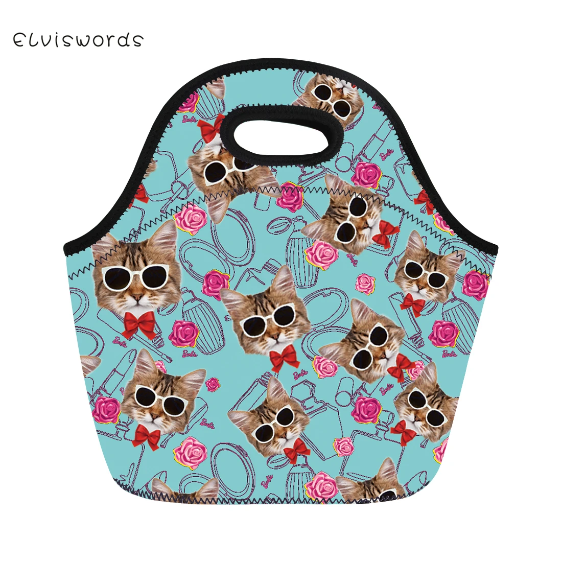 ELVISWORDS Cute Cats Printed Lunch Bag Neoprene Waterproof hand Box for Women Tote Girls Pinic Snacks Container Lovely | Багаж и сумки