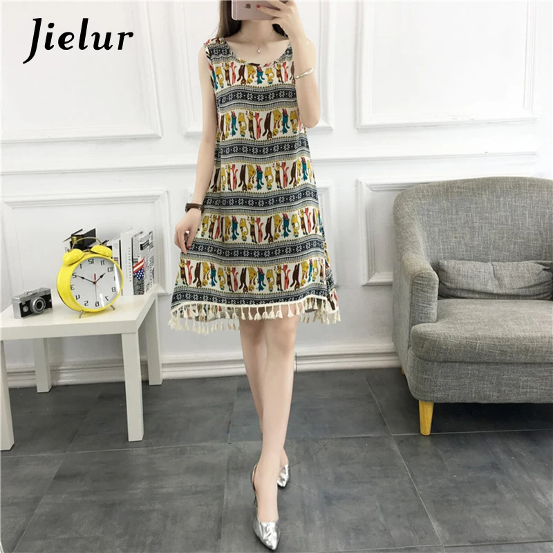 Jielur 2018 модный принт платья без рукавов Летнее женское платье повседневное Boho