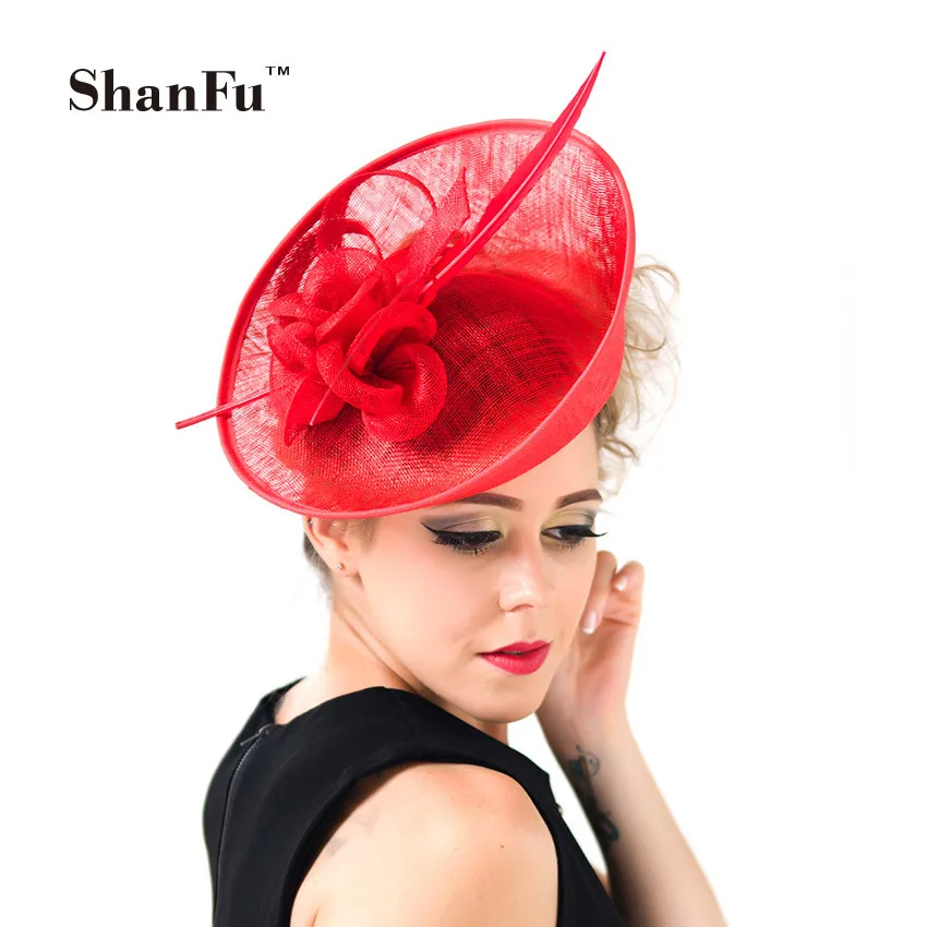 

ShanFu Lady Fashion Sagittate Feather Fascinator Sinamay Wedding Hat with Headband Elegant Hair Accessories Royal Blue SFC12389