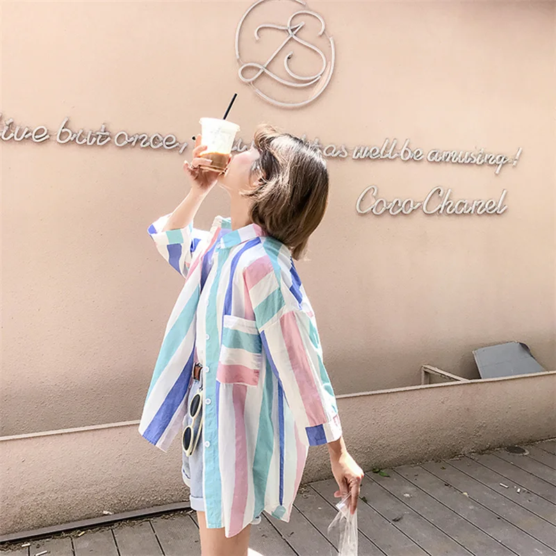 Summer New 2018 SweetLovely Fashion personalized Full Blouses Chic Women Loose Striped Print Notchedc Shirt Cute FemaleZQ142 |