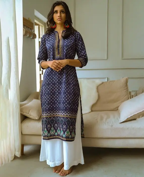 

2019 New Style India Fashion Woman Ethnic Styles Printing Cotton Kurtas Travel Dance Clothing Beautiful Blue Lady Long Top