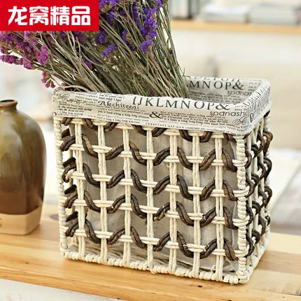 С Соломенной Плетеной тесьмой Настольный корзина для хранения в деревенском