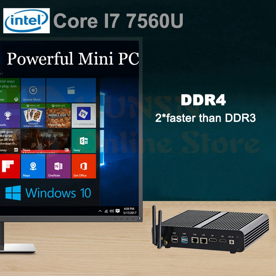 4K безвентиляторный мини-ПК, настольный компьютер, Windows 10/Ubuntu, Intel Core I7 7560U/7660U, [HUNSN BM02L],(DP/HD/2LAN/4USB3. 0/4USB2. 0/WiFi