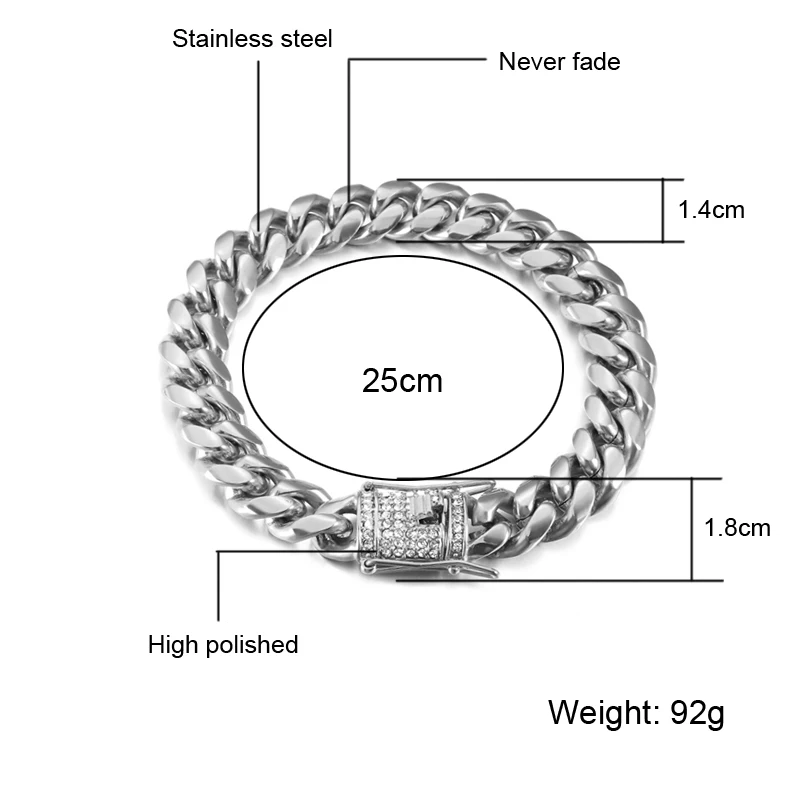 14mm 25cm Хип-хоп, Мужская цепочка, рок браслет, Bling Iced Out, стразы, застежка, золотой цвет, нержавеющая сталь, кубинская цепочка, браслеты, ювелирные изделия - Окраска металла: 14mm 25cm