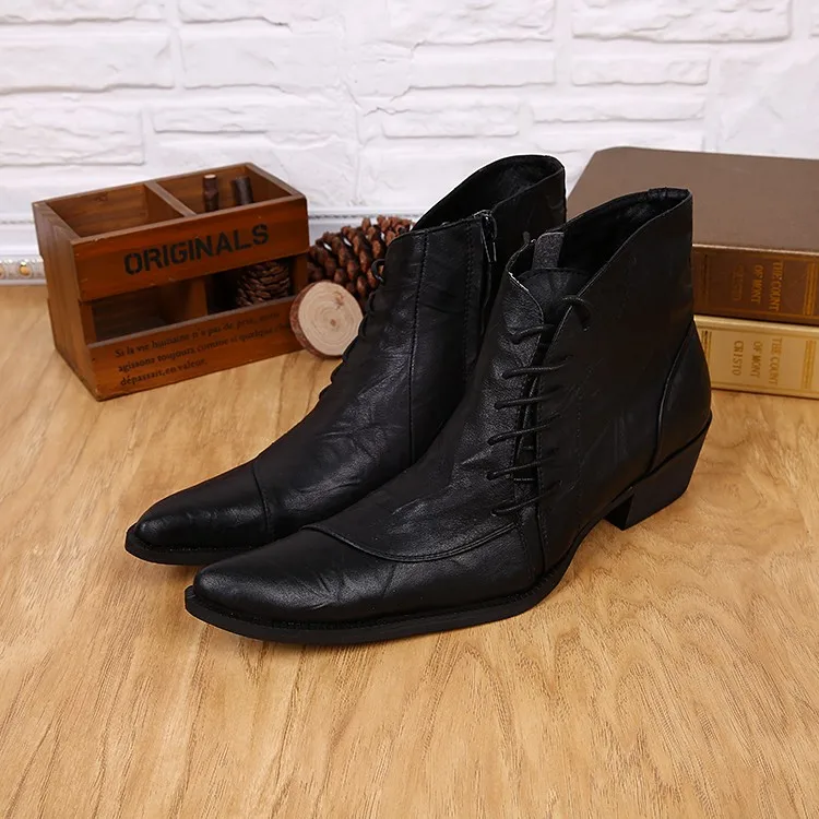 

2018 Western Style Mens Ankle Boots Low Cowboy Boots Pointed toe lace up Black high top Men Boots Military Work Boots Men Shoes