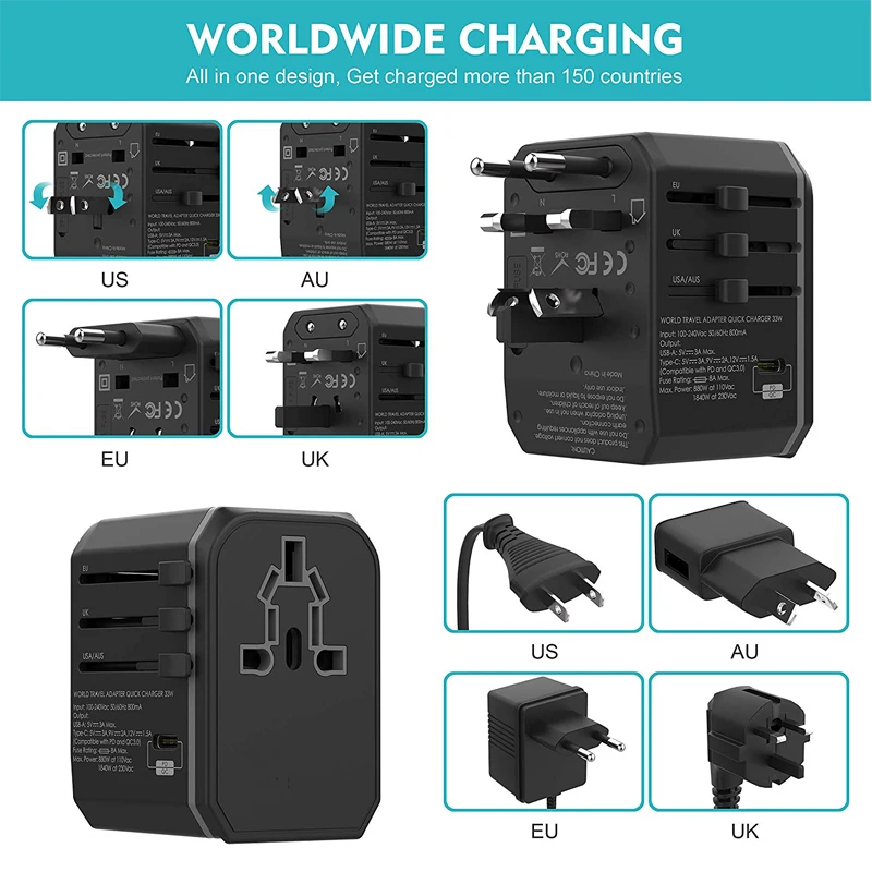 Универсальный Мощность адаптер все в одном World Travel Тип usb C QC 3,0 33 W PD Подключите адаптер Комплект