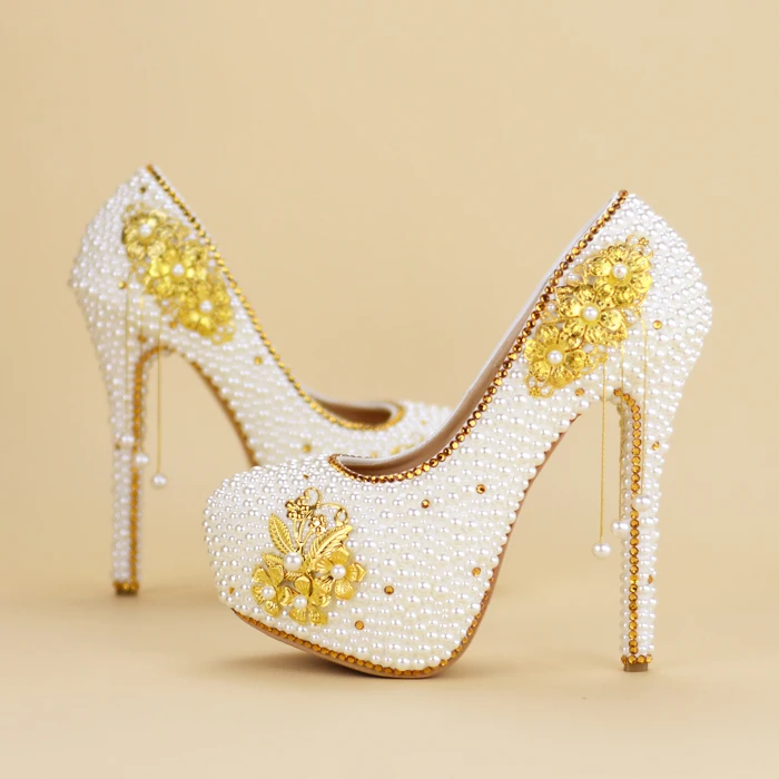 

New Gold Rhinestone Pearl bridal shoes High heel shoes women's Fashion Bride Party/wedding handmade Shoes free shipping