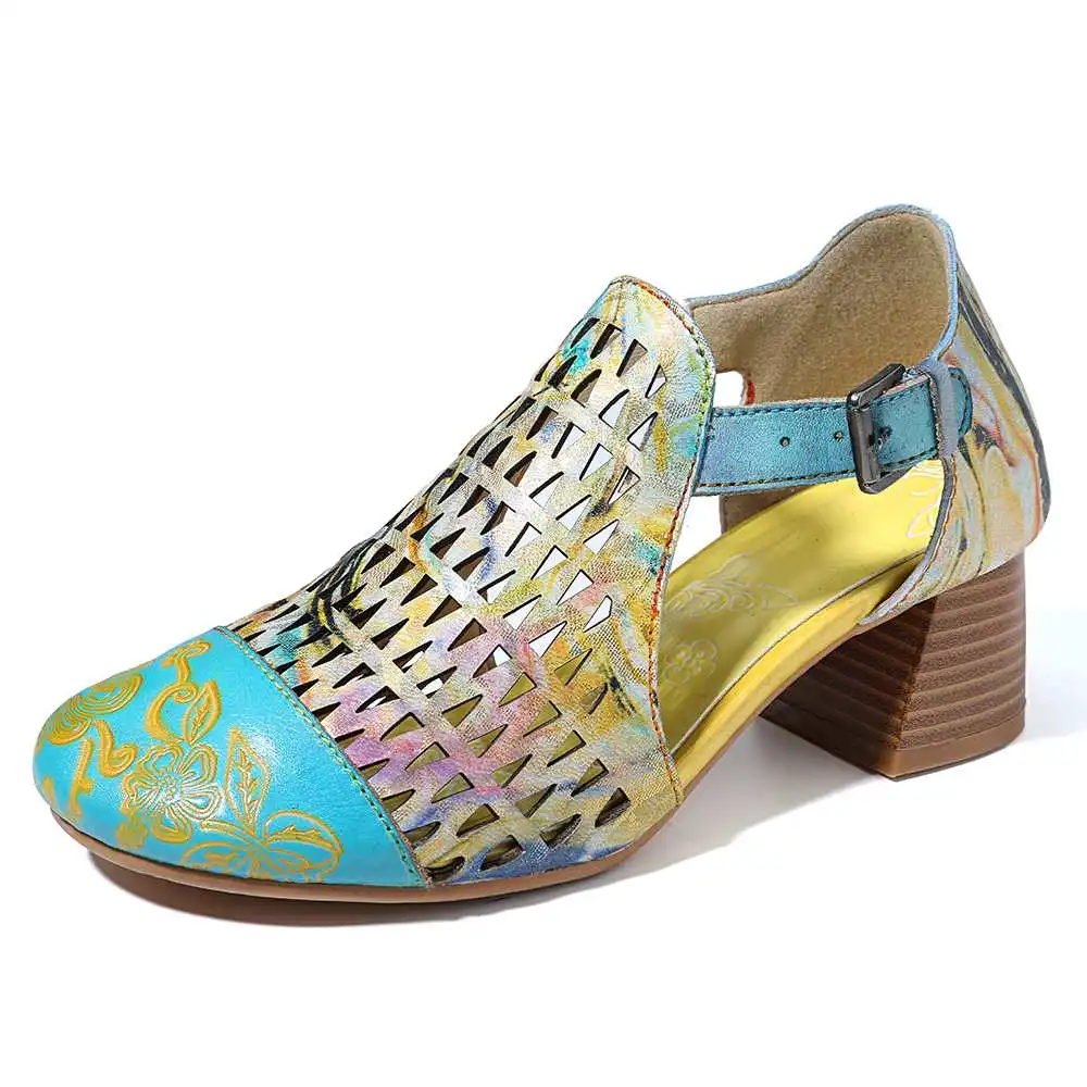 Зеленый SOCOFY Hand Painted Sandals Retro Veins Genuine Leather Splicing Big Head Hollow Soft Sandals Shoes Women Sandalias Mujer - Цвет: Зеленый