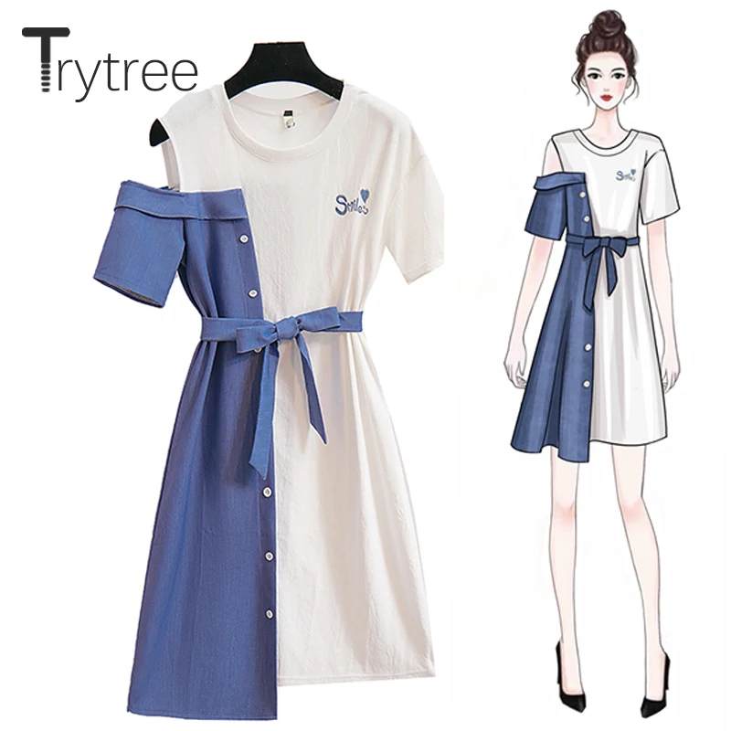 Trytree/летнее платье для женщин Повседневная Асимметричная хлопковая Футболка с