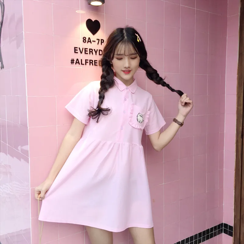 Розовое милое платье с вышивкой в виде кота женские платья Ins Girl Kawaii Ulzzang Женская