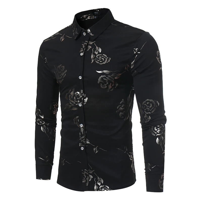 Новинка, мужская рубашка с цветочным принтом, приталенная, Chemise Homme,, роскошная, брендовая, с принтом розы, Мужская одежда, рубашки, Camisa Social Masculina