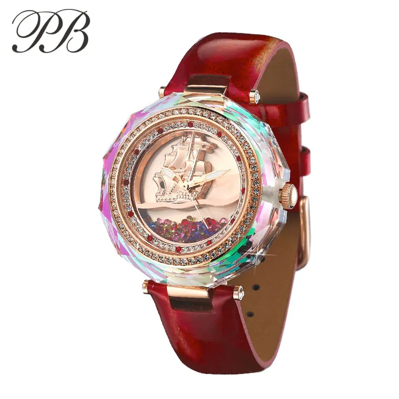 HL574PT PB Princess Butterfly clock Бренд Зыбучие Пески и Парусный Циферблат часы женские наручные Кристалл Роскошный Цвет Радуги Кварц Кожа - Цвет: HL574PT