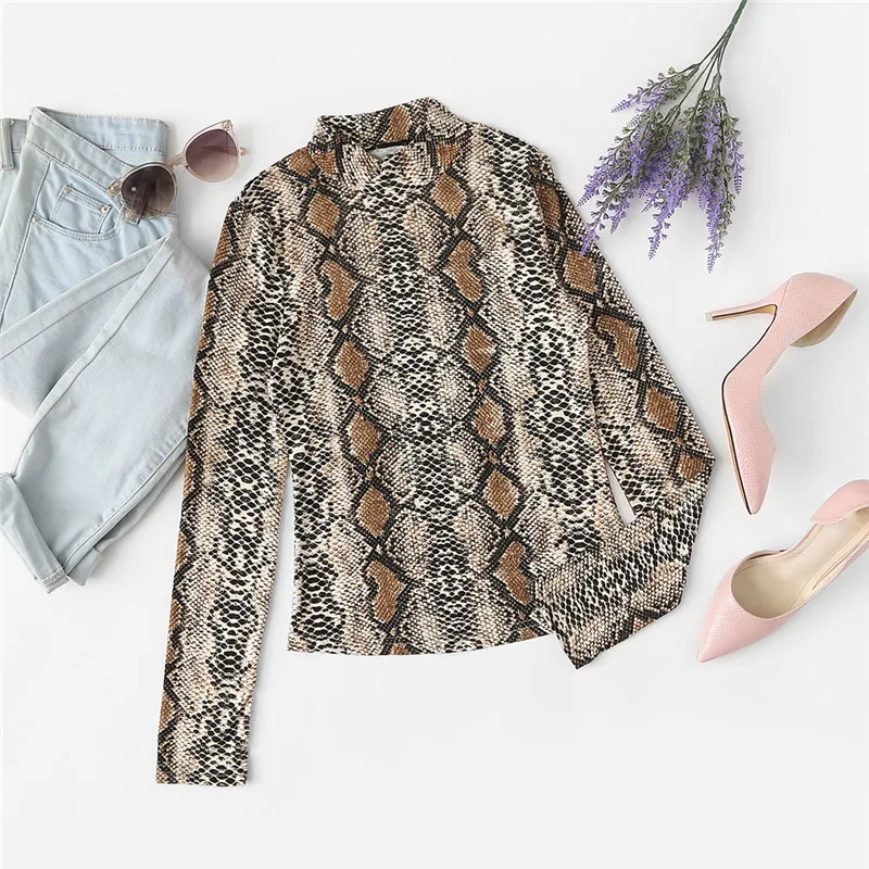 SHEIN модная разноцветная футболка с воротником-стойкой и длинным рукавом, осенняя Повседневная Женская футболка для офиса