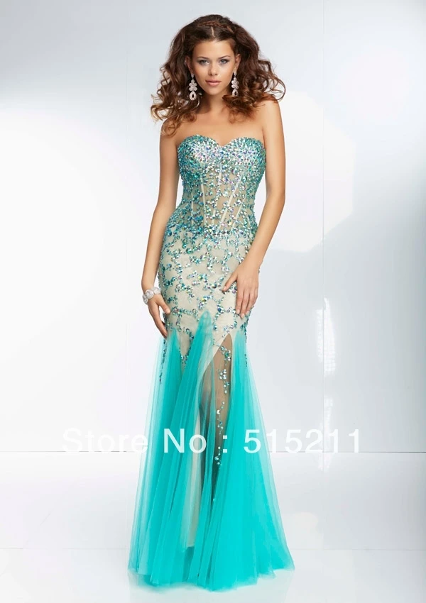 Luxury Beaded Sweetheart See Through Corset Side Slit Ice Blue Champagne Mermaid Prom Dresses Pageant Gowns 2014 New Arrival | Свадьбы и