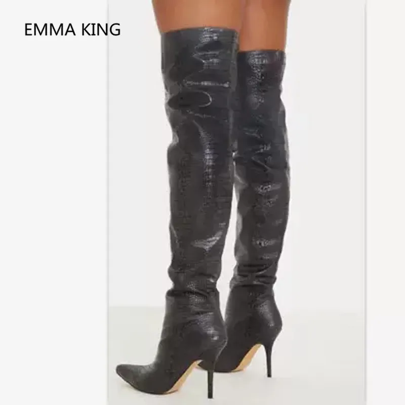 Sexy Pointed Toe Snake Prints Thigh High Boots Women's Slip On Party Heels Shoes Woman Over The Knee Stilettos Heel | Обувь