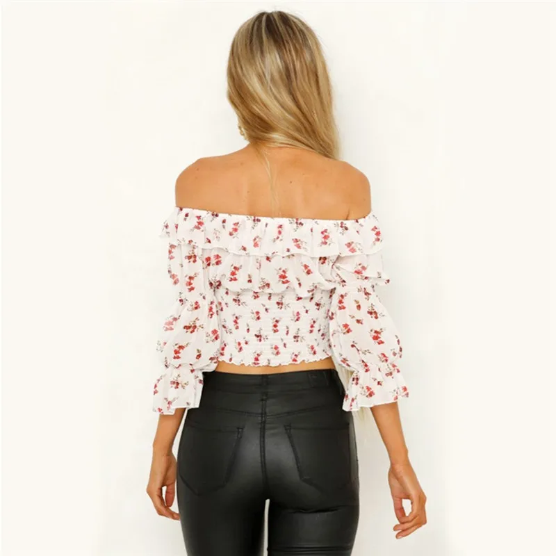 Женская шифоновая блузка с рукавом-бабочкой открытыми плечами и оборками |